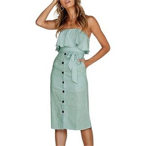 ZESICA Off The Shoulder Ruffle Button Down Tie Waist Midi Dress with POCKETS